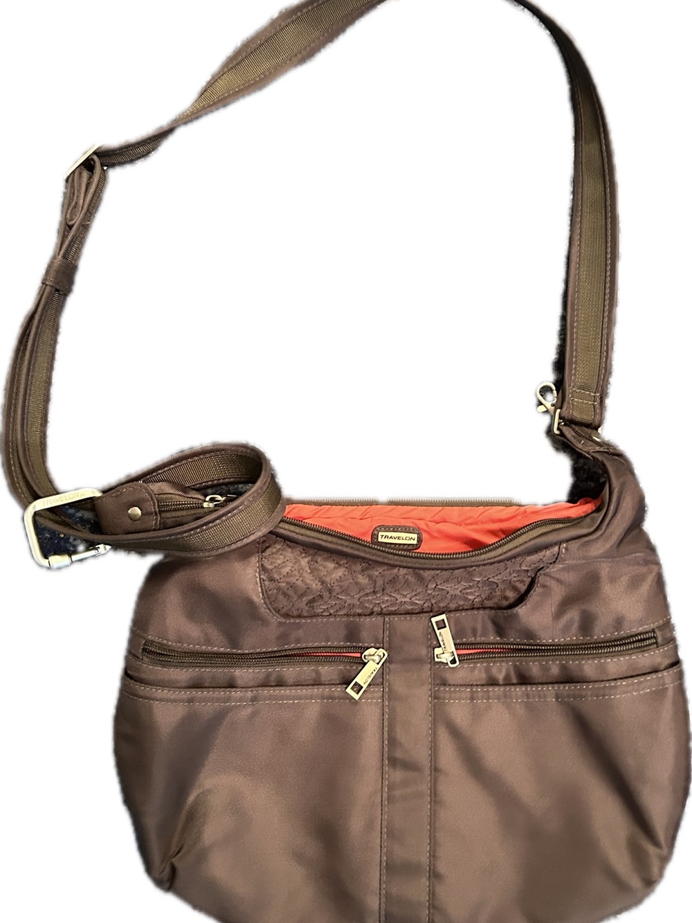 Travelon Anti-theft BrownCrossbody Bag with Orange Interior like new